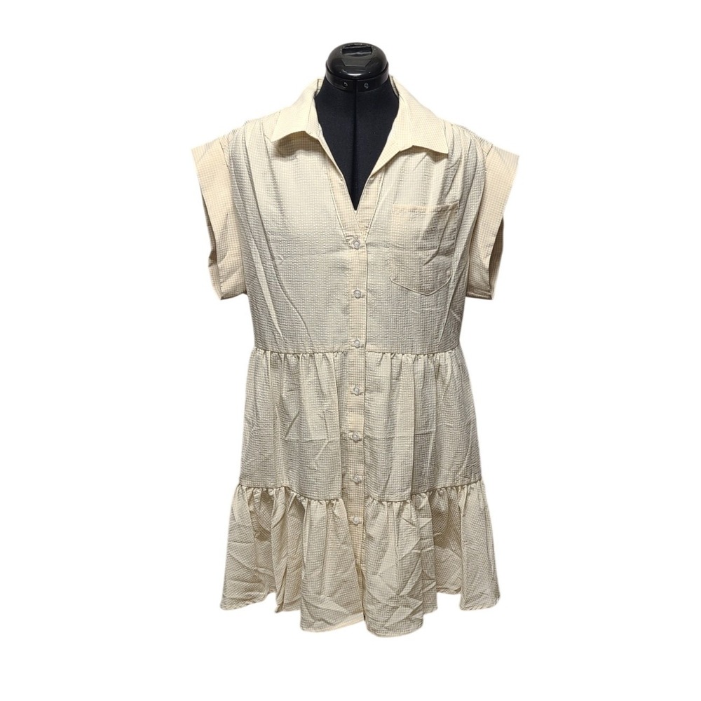 Elan Women's Tan Gingham Seersucker Tiered Button Front Mini Dress XL NEW